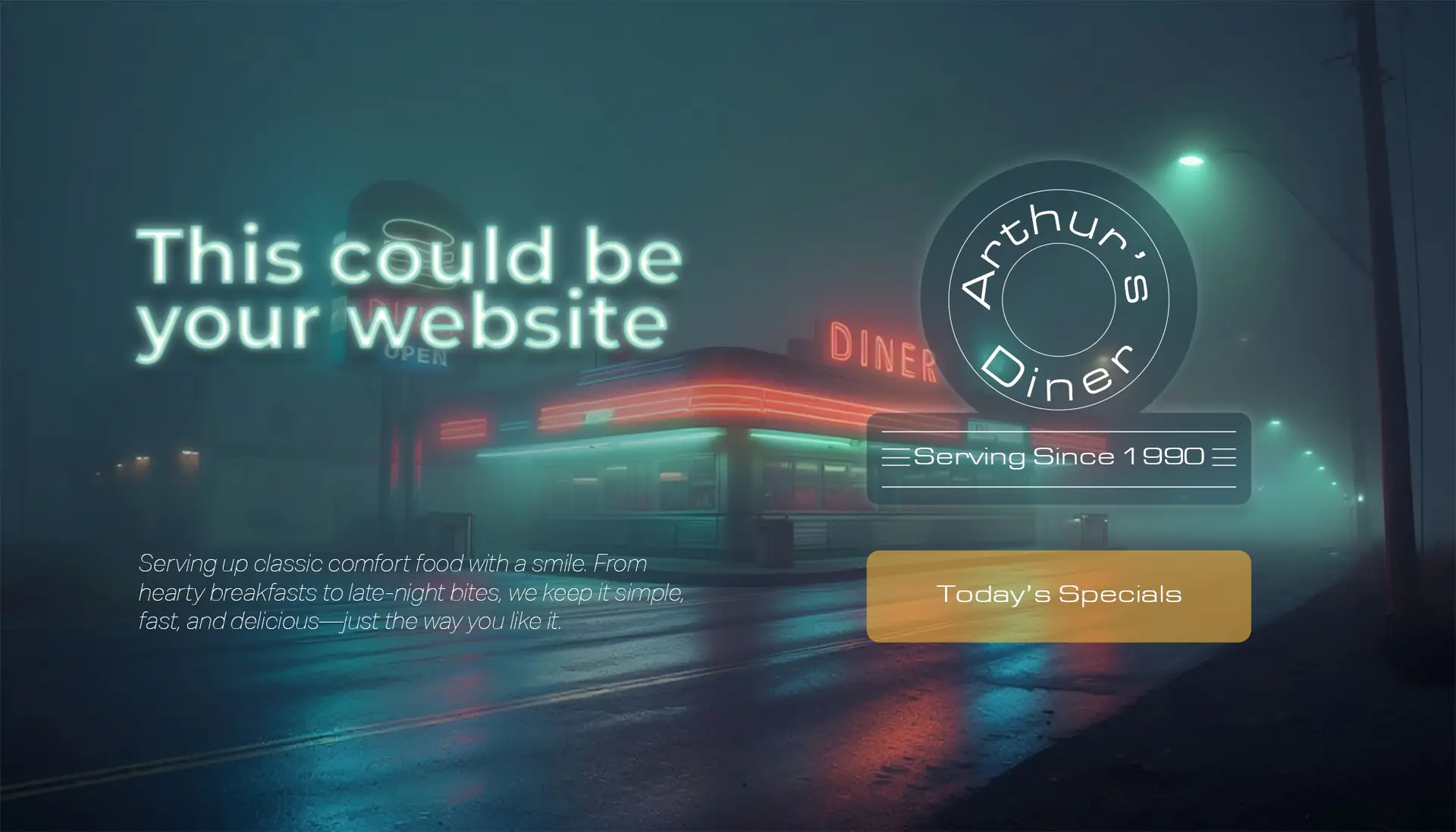 Neon-Lit Classic Diner in Foggy Night Scene Virtual Background